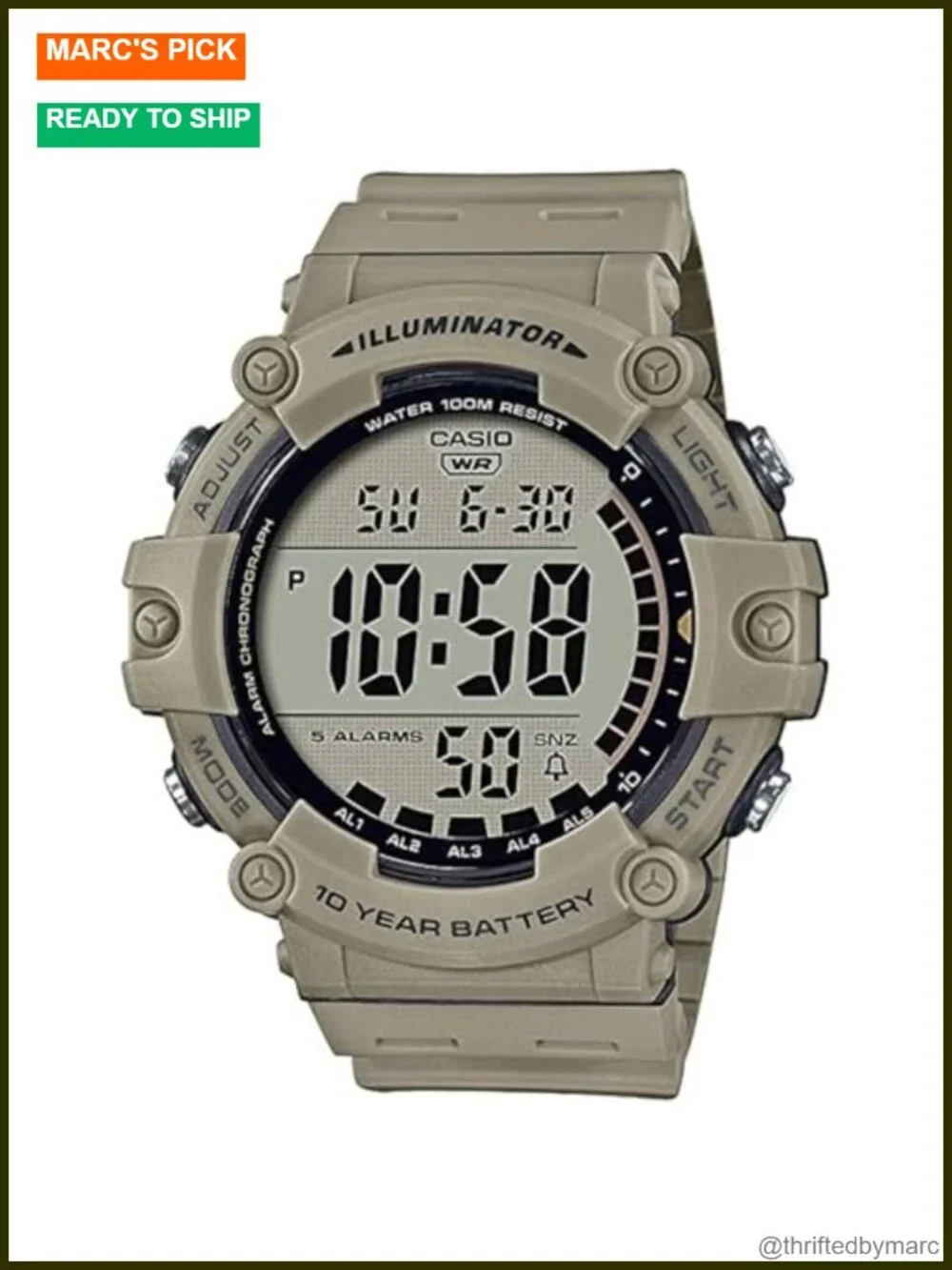 Men's Digital Watch with LED Backlight, 10-Year Battery, 5 Alarms, Stopwatch